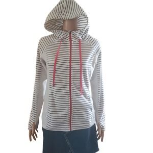 Eddie Bauer Size S Cream Black Striped Zip Fleece Hoodie Thumbholes TINY FLAW